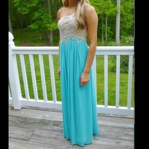 Turquoise Beaded One Shoulder Gown